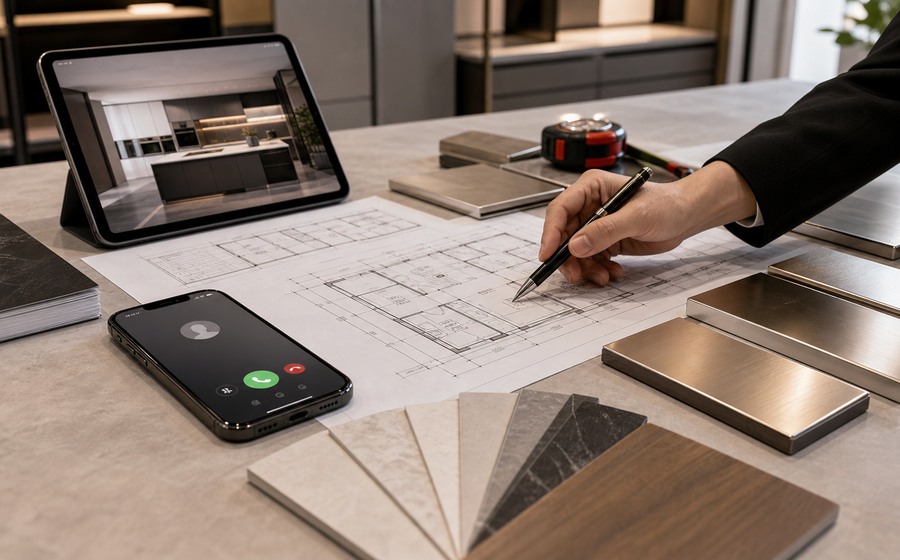 Fadior phone consultation with drawings and material samples